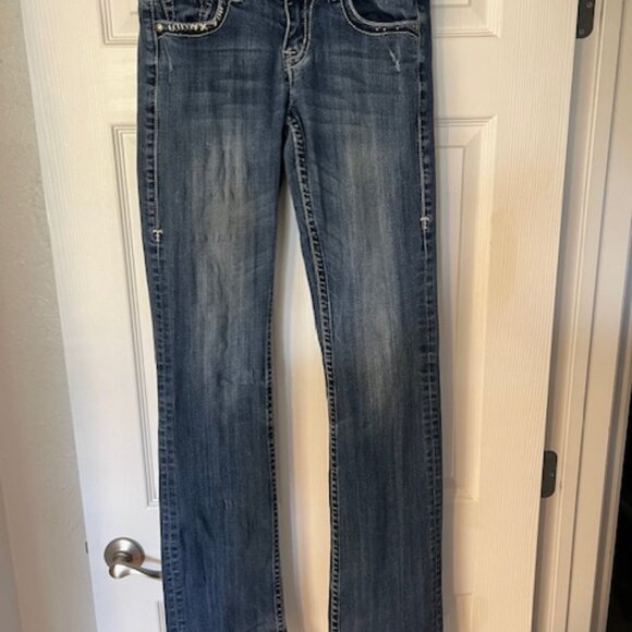 Cowgirl Tuff Co. Boot Cut Blue Denim Distressed Jeans - Picture 1 of 4